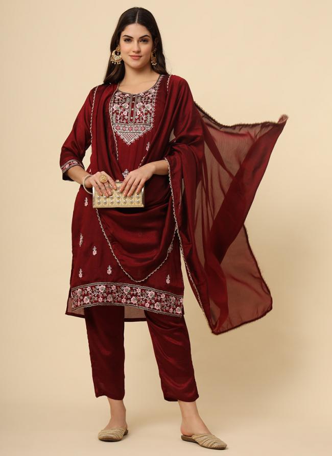 Silk Blend Maroon Casual Wear Embroidery Work Readymade Kurti Set